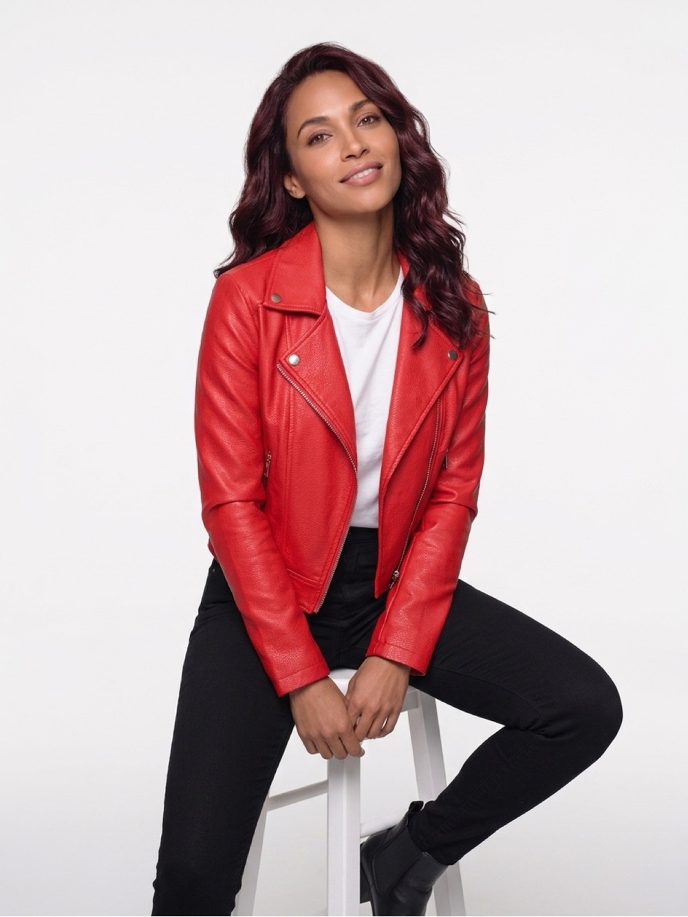 SHEIN Red Faux Leather Moto Jacket